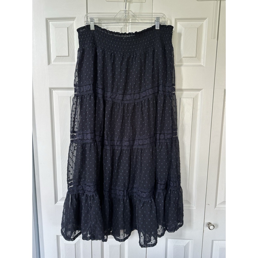 Chelsea & Theodore Navy Blue Tiered Swiss Dot Maxi Skirt